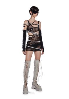 in sheer stretch mesh construction. Two-tone shredded straps throughout, ruched side seams, cut-out body design, and embroidered 'D' logo on back. Shredded Dress, Female Anatomy Reference, Fit Check, Online Clothing Stores, Goth Fashion, Festival Outfits, Dolls Kill, School Outfits, Playsuit