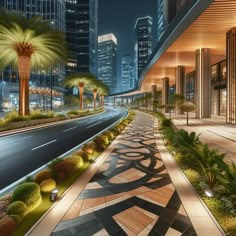 an empty street at night with palm trees and buildings in the background, lit up by lights