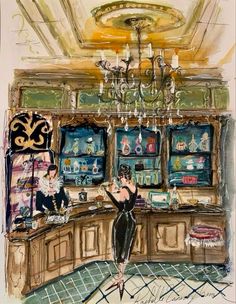 a drawing of a woman standing in front of a counter