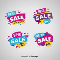 four colorful sale signs with different shapes