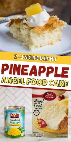 two ingredient pineapple angel food cake on a white plate with a can of angel food cake next to it