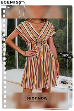 Colorful Striped Sweet Dress Casual Multicolor Print V-neck Dress, Colorful V-neck Vacation Dress, Multicolor Print V-neck Summer Dress, Multicolor V-neck Mini Dress With Vibrant Print, Casual Multicolor Knee-length Sundress, Multicolor A-line Sundress For Vacation, Multicolor V-neck Summer Midi Dress, Multicolor Vibrant Print V-neck Dress, Trendy Multicolor Print Dress For Day Out