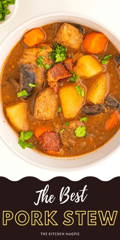 the best pork stew recipe with potatoes, carrots and parsley in a white bowl