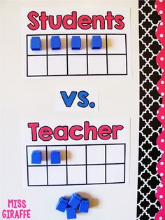 a bulletin board with blue and red blocks on it that says students vs teacher in the middle