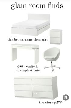 a white bed sitting next to a desk and chair with the words glam room finds on it