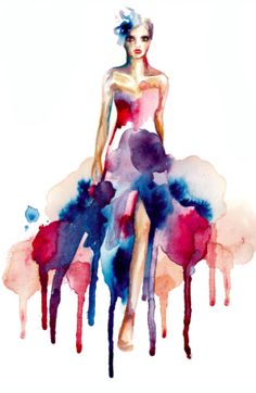 a watercolor painting of a woman in a dress with red and blue paint drips