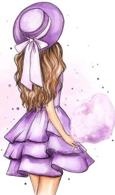 a drawing of a girl in a purple dress and hat with her hair pulled back