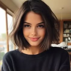 Neck Haircut For Women, Shoulder Length Haircut Brunette, Trendy Short Haircuts 2024, Chin Length Hair 2024, Short Hair For Short Necks, Short One Length Haircut, Trendy Womens Haircuts 2024, Chin Length Brown Hair, Short Haircut 2024 Trends Women