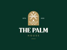 the palm house logo on a dark green background with white letters and an image of a palm tree