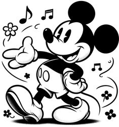 mickey mouse dancing with music notes and flowers in front of him, black and white