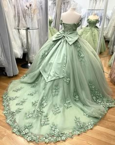 Princess Tiana Dress Quinceanera, Green Quinceneara Dress, Sage Green Debut Gown, Sage Green Charro Dress, Tinkerbell Quinceanera Dress, Quinceanera Light Green Dresses, Sage Green Quinceanera Dresses Long, Quinceañera Green Dress, Sweet Sixteen Dresses Green