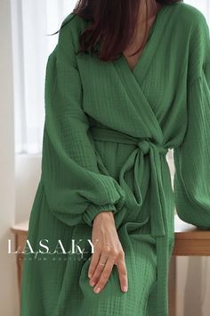 Lasaky - Stylish and Comfortable Pure Color Open-Front Robe featuring Double-Layered Cotton Fabric, perfect for Luxurious and Relaxing Home Attire Spring Loungewear, Womens Robe, Sleeping Gown, Elegant Summer Dresses, Nightgown Sets, Elegant Party Dresses, Night Dress For Women, Women's Robe, Sleepwear Sets