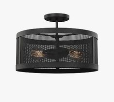 a black ceiling light with two lights on each side and an open wire mesh shade