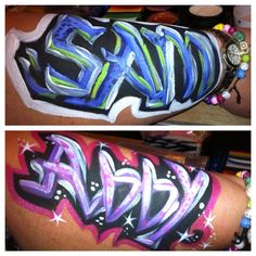 two pictures of the same person's arm with different colored graffiti writing on it