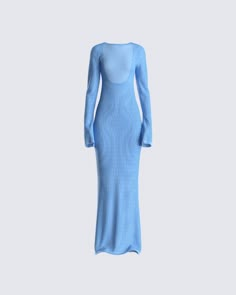 Move with a type of confidence they will all be envious of in this blue sweater knit maxi dress 💙 Crafted with crochet knit - this piece features a high front neckline, low scoop back, and flared long sleeves. Show them what you got in the most comfortable, yet elegant way 😇 Long Blue Dress Outfit, Blue Pregnancy Dress, Long Sleeve Blue Maxi Dress, Long Sleeve Blue Dress, White Corset Dress, Blue Knit Dress, Basic Jeans, Knitwear Inspiration, Vegan Leather Skirt