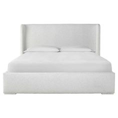 a bed with white linens and pillows on it's headboard, in front of a white background