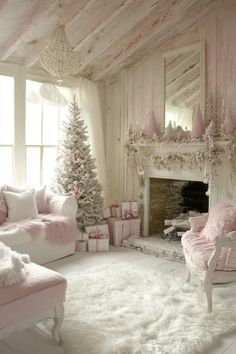 Pink And White Christmas Decor, Pink And White Christmas, Girls Bed, Christmas Dreaming, Pink Xmas, Pink Christmas Decorations, White Christmas Decor, Christmas Living Rooms