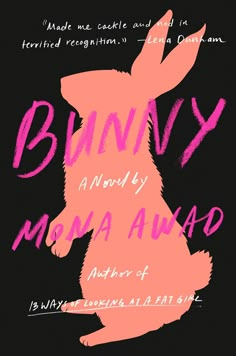 the bunny is sitting on its hind legs in front of a black background with pink lettering