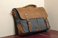 Dark gray Leather bag Genuine leather canvas bag/ by weiweihe, $49.99 Mens Leather Satchel, Leather Canvas Bag, Leather Messenger Bag Laptop, Blue Cow, Malachite Green, Canvas Leather Bag, Leather Product, Bag School, Canvas Messenger Bag