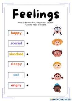 feelings worksheet for kids with pictures and words to help them learn how to say