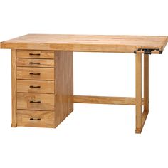 a wooden desk with three drawers on each side and one drawer at the top that is open