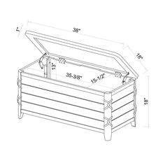 a drawing of an outdoor storage box with the lid open and measurements on it's side