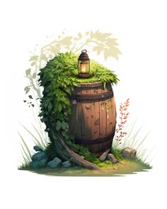 a wooden barrel with ivy growing on it and a lantern in the top, surrounded by rocks and grass