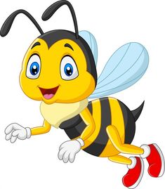 a cartoon bee flying and smiling