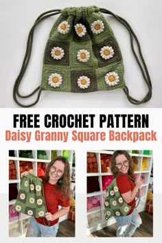 a crochet granny bag with flowers on it and the text, free crochet pattern daisy granny square backpack