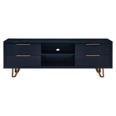 an entertainment center with two drawers and gold handles on the bottom, in dark blue