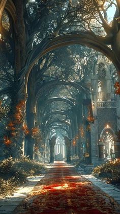 an image of the inside of a building with trees and red carpet on the ground