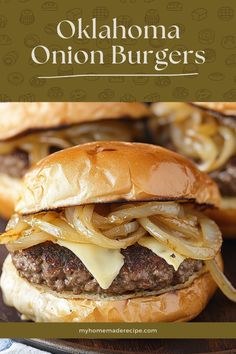 two hamburgers with onions and cheese on them