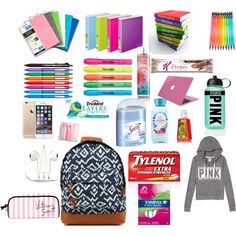 the contents of a school bag are arranged on a white background, including pens, notebooks, books, and other items