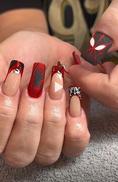 Spiderman Miles Morales Nails Acrylic, Miles Morales Acrylic Nails, Miguel O'hara Nails, Nails Acrylic Spiderman, Spidey Nails, Nails Acrylic Heart, Spiderman Nails Acrylic, Nails Spiderman, Spiderman Nails