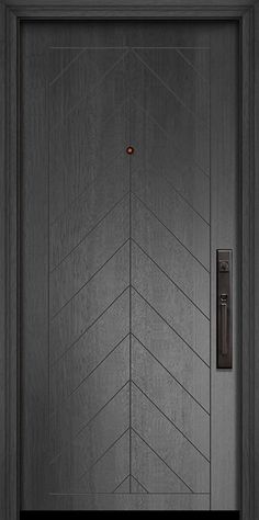 the front door is painted dark gray and has an arrow design on it's side