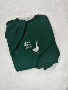 Goose Sweatshirt, Gods Silliest Goose, Embroidered Duck, Crew Neck Embroidery Ideas, Machine Embroidered Clothes, Silly Embroidery, Embroidered Items, Sweat Shirts