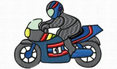 a motorcycle with a rider on the back and helmet is shown in this embroidery design