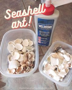 two plastic containers filled with sea shells next to a bottle of welbbond