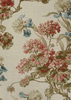 an old wallpaper with flowers and leaves on white background, including red, blue, pink, green and yellow colors