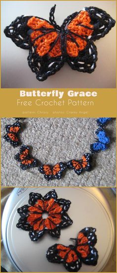 an orange and black crochet butterfly necklace on top of a white plate with the words, butterfly grace free crochet pattern