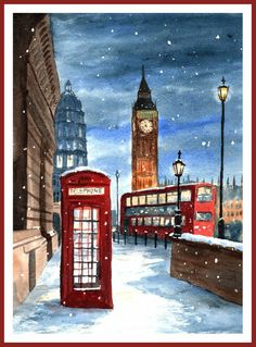 a watercolor painting of two red telephone booths in the snow with big ben in the background