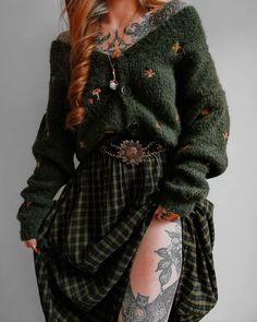 Witchy Earthy Outfits, Green Plaid Scarf Outfit, Highland Outfit Scotland Women, Sweater Vest Inspo Outfits, New Age Style, Whimsical Fashion Plus Size, Styles With Cardigans, Cosy Weekend Outfits, Bayou Aesthetic Outfit