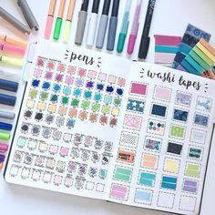 an open planner with markers, pens and washi tapes on the pages next to it