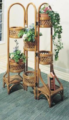 three plant stands with plants on them in front of a window and carpeted floor