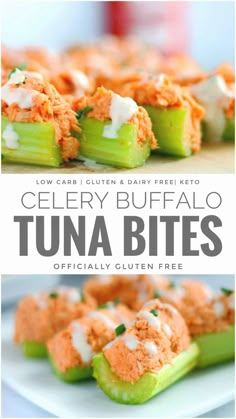 celery buffalo tuna bites on a white plate