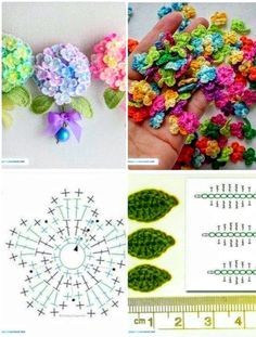 crochet flowers are shown in four different pictures