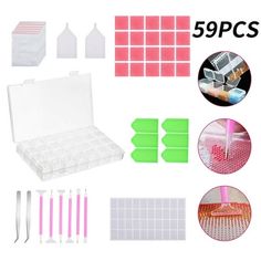 the contents of a pink and green nail polishing kit are shown with different colors