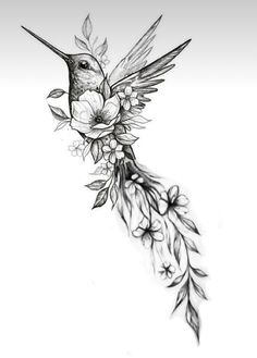 a drawing of a hummingbird with flowers on it