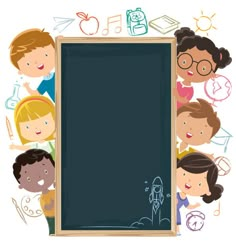 a group of children standing in front of a blackboard with an chalk board on it