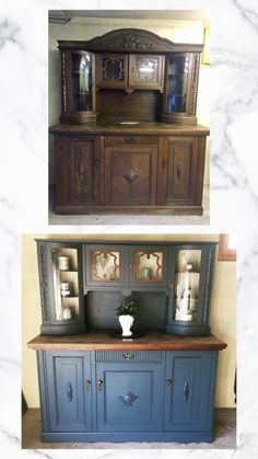 two pictures of an old china cabinet in different stages of being refinished